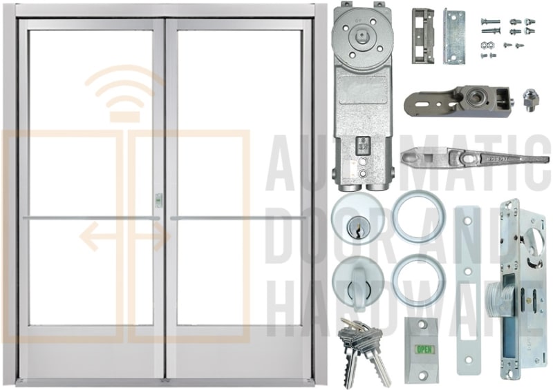 Alum-Lite Quick Ship 72 in. x 84 in. Commercial ADA Narrow Stile Storefront Double Door and Frame, 1/4 in. Glass Stops (Glass Not Included), Double Acting Inswing or Outswing, Includes Concealed Closer, Push Bars, Threshold, 3 Point Lock, Clear Anodized