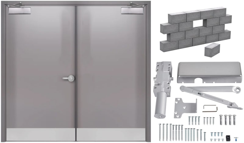 Armasteel 7070 84 in. x 84 in. Right Hand Reverse Active Commercial Steel Double Door With Masonry Brick Or Block Wall Knock Down Frame, Includes Hinges, Extra Heavy Duty Door Closer, Armor Plates, Upper and Lower Flush Bolt Locks, and Lever Lock