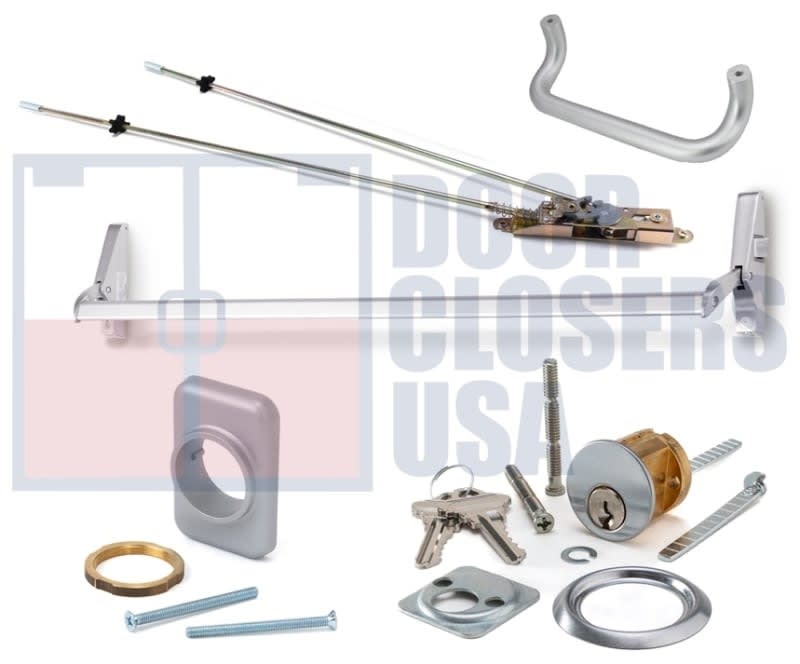 Calibre Door Closers 7085-4-48-LHR-AL Right Hand Reverse Concealed Vertical Rod Panic Exit Device With Outside Pull Handle, Cylinder and Mounting Pad, Aluminum Finish