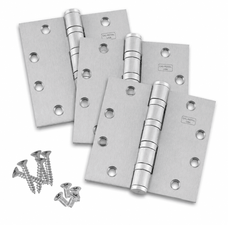Cal-Royal BB5200-US26DNRP, Commercial Ball Bearing Hinges, 4 Ball Bearing, Square Corner, 4.5 in. x 4.5 in. Template, UL Listed, Pack of 3, US26D Satin Chrome Cal-Royal BB5200-US26DNRP, Commercial Ball Bearing Hinges, 4 Ball Bearing, Square Corner, 4.5 in. x 4.5 in. Template, UL Listed, Pack of 3, US26D Satin Chrome