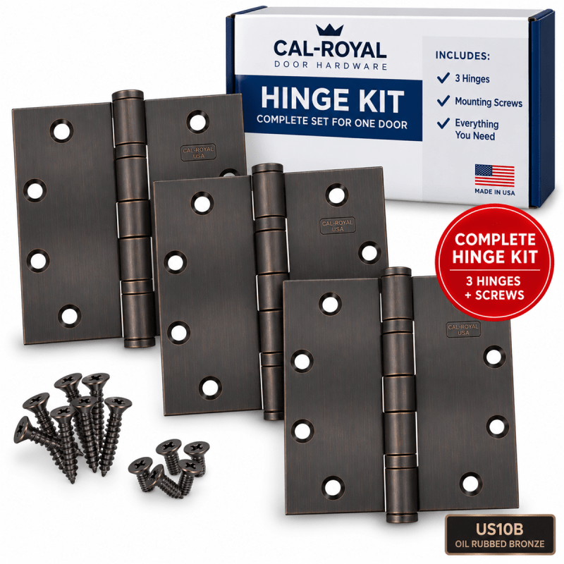 Cal-Royal BB55-US10B, Commercial Ball Bearing Hinges, 4 Ball Bearing, Square Corner, 5" in. x 5" in. Template, UL Listed, Pack of 3, US10B Oil Rubbed Bronze. Cal-Royal BB55-US10B, Commercial Ball Bearing Hinges, 4 Ball Bearing, Square Corner, 5" in. x 5" in. Template, UL Listed, Pack of 3, US10B Oil Rubbed Bronze.
