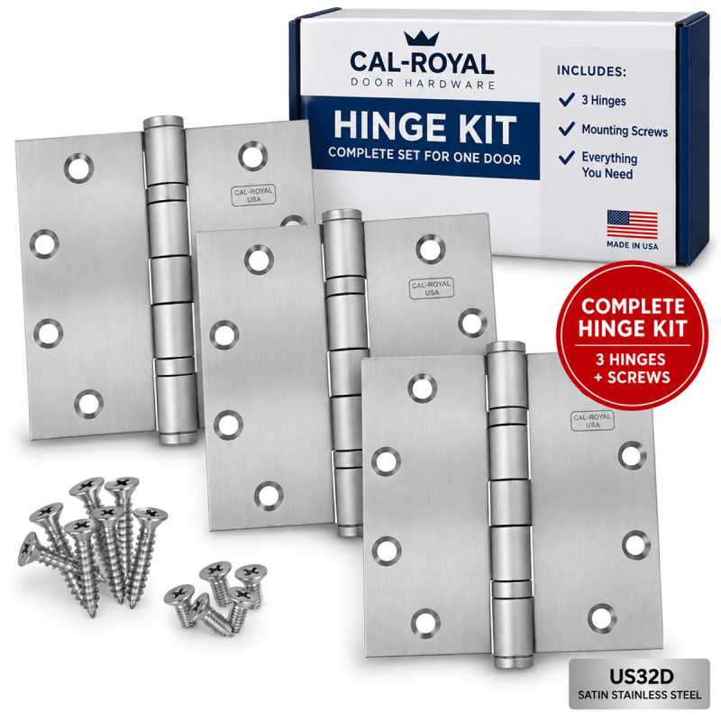 Cal-Royal BB55-US32D, Commercial Ball Bearing Hinges, 4 Ball Bearing, Square Corner, 5" in. x 5" in. Template, UL Listed, Pack of 3, US32D Satin Stainless Steel Cal-Royal BB55-US32D, Commercial Ball Bearing Hinges, 4 Ball Bearing, Square Corner, 5" in. x 5" in. Template, UL Listed, Pack of 3, US32D Satin Stainless Steel