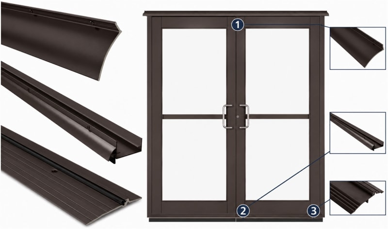 Rain and Water Prevention Door Seal Kit In Dark Bronze Finish For 72" Wide Storefront Glass Double Doors With Up To 1" Gap Rain and Water Prevention Door Seal Kit In Dark Bronze Finish For 72" Wide Storefront Glass Double Doors With Up To 1" Gap