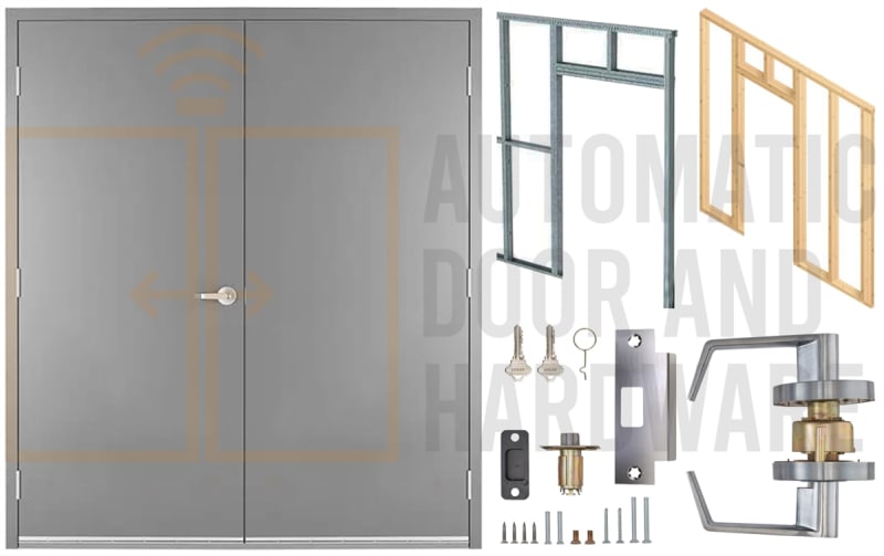 72 in. x 80 in. (6068) LHRA Commercial Industrial 18 Gauge Flush Hollow Metal Steel Double Door Insulated With Polystyrene Core, 16 Gauge Frame For Wood or Metal Stud Wall, and Hardware