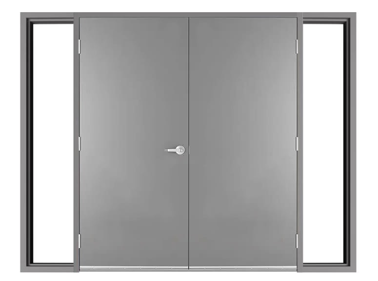 72 in. x 84 in. (6070) LHRA 18 Gauge Flush Hollow Metal Steel Double Door, 16 Gauge Frame With Double Sidelites and Glazing Bead (Glass Not Included) For Masonry Block Wall, and Hardware