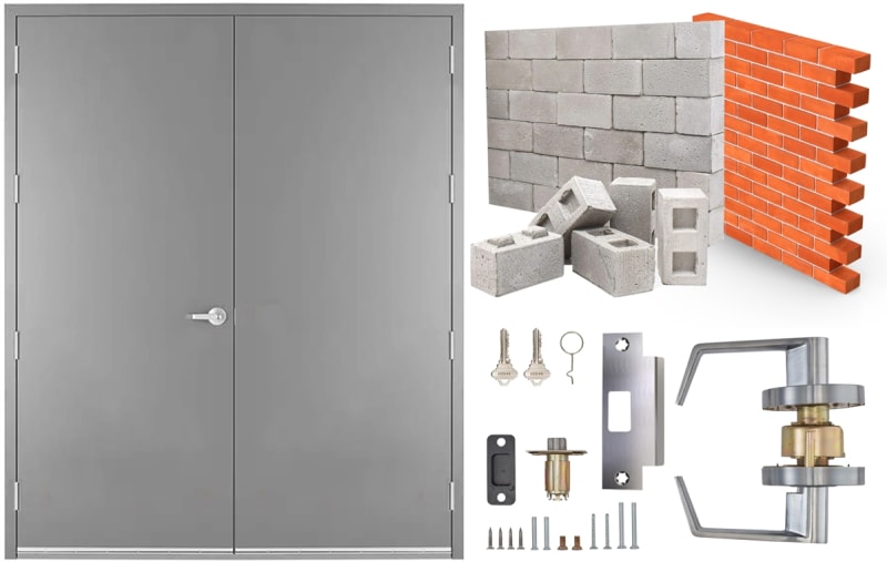 72 in. x 96 in. (6080) LHRA Commercial Industrial 18 Gauge Flush Hollow Metal Steel Double Door Insulated With Polystyrene Core, 16 Gauge Frame For Masonry Block Wall, and Hardware