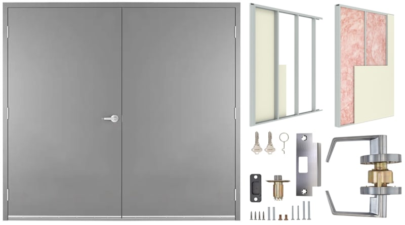 84 in. x 80 in. (7068) LHRA Commercial Industrial 18 Gauge Flush Hollow Metal Steel Double Door Insulated With Polystyrene Core, 16 Gauge Drywall Frame, and Hardware