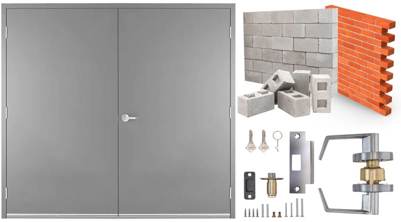 84 in. x 84 in. (7070) RHRA Commercial Industrial 18 Gauge Flush Hollow Metal Steel Double Door Insulated With Polystyrene Core, 16 Gauge Frame For Masonry Block Wall, and Hardware