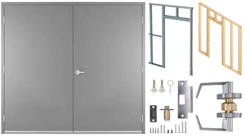 84 in. x 84 in. (7070) RHRA Commercial Industrial 18 Gauge Flush Hollow Metal Steel Double Door Insulated With Polystyrene Core, 16 Gauge Frame For Wood or Metal Stud Wall, and Hardware