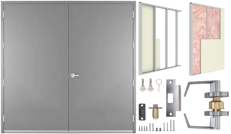 84 in. x 96 in. (7080) RHRA Commercial Industrial 18 Gauge Flush Hollow Metal Steel Double Door Insulated With Polystyrene Core, 16 Gauge Drywall Frame, and Hardware