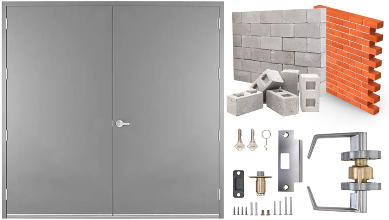 84 in. x 96 in. (7080) RHRA Commercial Industrial 18 Gauge Flush Hollow Metal Steel Double Door Insulated With Polystyrene Core, 16 Gauge Frame For Masonry Block Wall, and Hardware