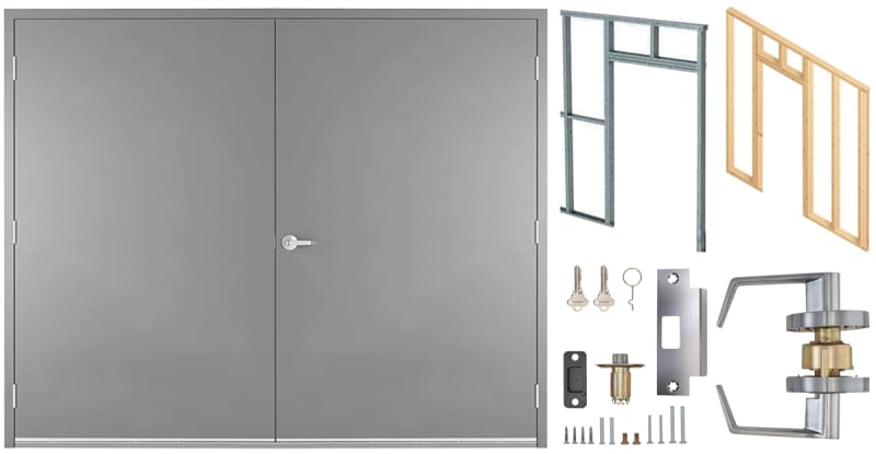 96 in. x 80 in. (8068) RHRA Commercial Industrial 18 Gauge Flush Hollow Metal Steel Double Door Insulated With Polystyrene Core, 16 Gauge Frame For Wood or Metal Stud Wall, and Hardware