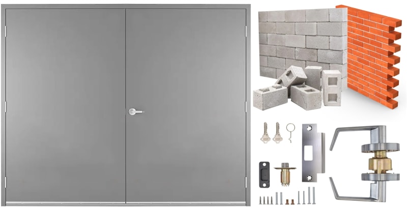 96 in. x 84 in. (8070) RHRA Commercial Industrial 18 Gauge Flush Hollow Metal Steel Double Door Insulated With Polystyrene Core, 16 Gauge Frame For Masonry Block Wall, and Hardware