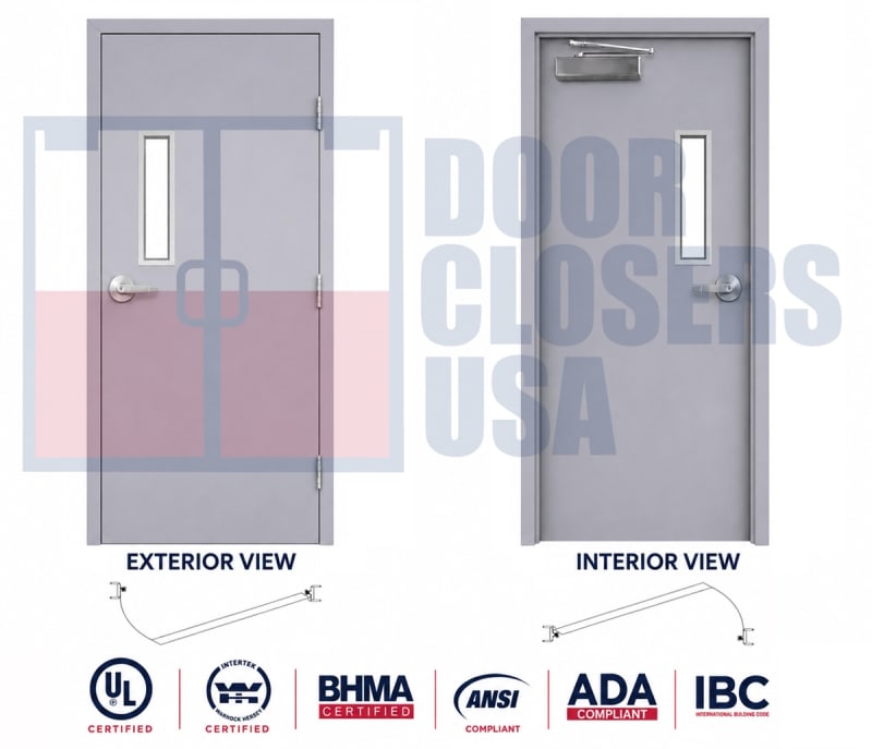 Exterior Hollow Metal Door & Frame Package with Narrow Lite Tempered Glass Window - 36" x 84" Commercial Steel Door, Right Hand Reverse Exterior Hollow Metal Door & Frame Package with Narrow Lite Tempered Glass Window - 36" x 84" Commercial Steel Door, Right Hand Reverse