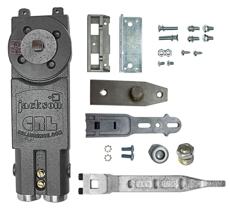 Jackson Overhead Concealed Door Closer Kit With End Load Arm and Combination Threshold for Floor Pivot For 1 in. Deep Bottom Rail