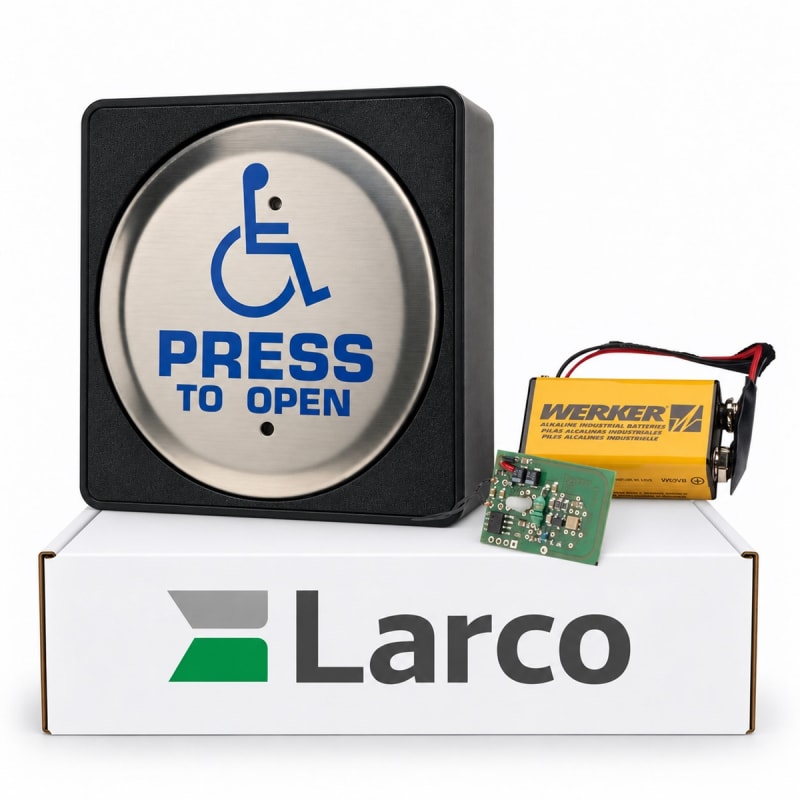 Larco 6" Circle Wireless Handicap Activation Switch Kit, Includes Plate, Surface Mounting Box, and 433 MHz Transmitter Larco 6" Circle Wireless Handicap Activation Switch Kit, Includes Plate, Surface Mounting Box, and 433 MHz Transmitter
