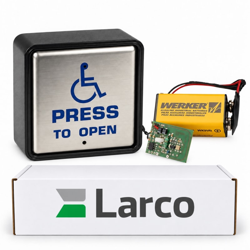Larco 4.5" Square Wireless Handicap Activation Switch Kit, Includes Plate, Surface Mounting Box, and 433 MHz Transmitter Larco 4.5" Square Wireless Handicap Activation Switch Kit, Includes Plate, Surface Mounting Box, and 433 MHz Transmitter