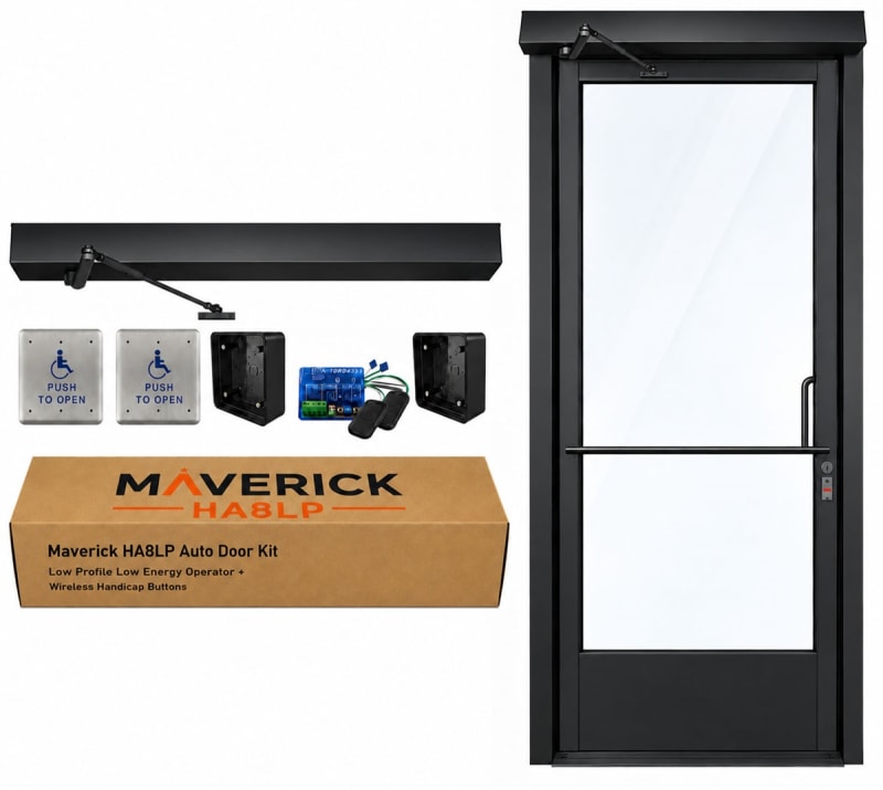 Maverick HA8LP Low Profile ADA Automatic Door Opener for Storefront Doors - Includes 2 Wireless Handicap Push Buttons, Standard Duty, Up to 300 lb. Doors, Dark Bronze Anodized