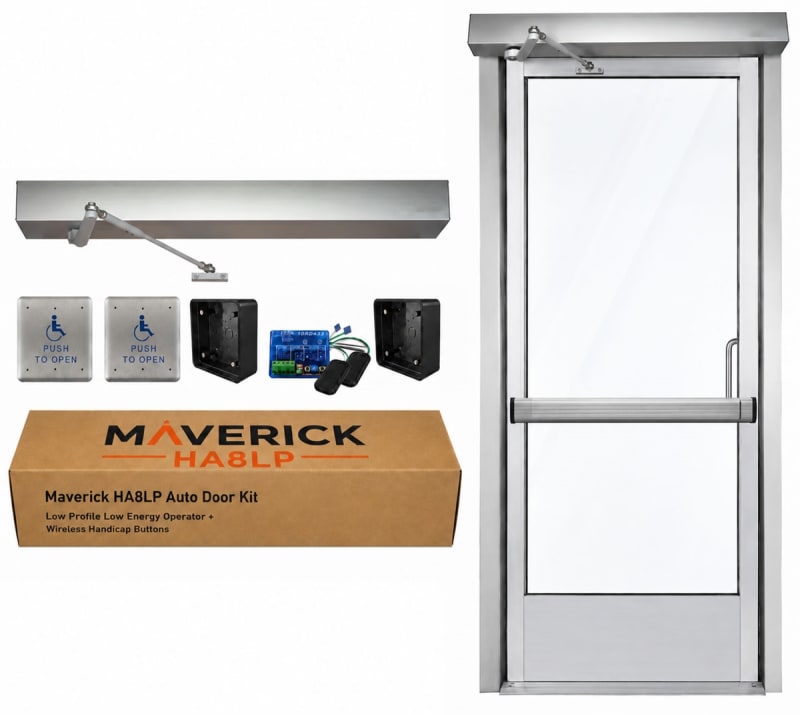 Maverick HA8LP Low Profile ADA Automatic Door Opener for Storefront Doors with Doggable Panic Bar - 2 Wireless Handicap Push Buttons, Up to 300 lb. Doors