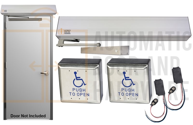 Maverick EZ7000 Right Hand (Inswing) Heavy Duty Automatic Swinging Door Opener With Wireless Handicap Buttons, For Interior or Exterior ADA Doors Up To 300lbs, Clear Anodized Finish (Door Not Included)