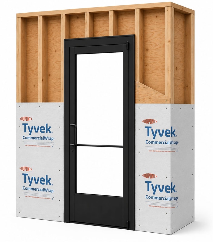 Commercial Aluminum Storefront Glass Door and Frame For Exterior Wood Stud Wall, 42" x 96" Left Hand, 1" Low E Glass Pre-Installed, Entrance Hardware Package, Dark Bronze Anodized