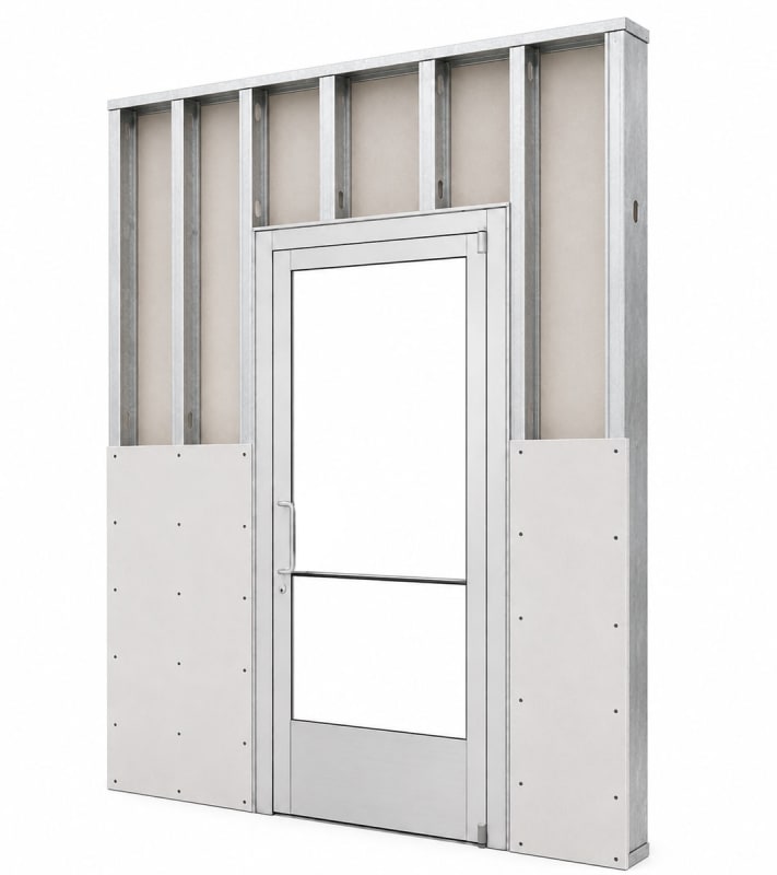 Commercial Aluminum Storefront Glass Door and Frame For Interior Steel Stud Wall With Drywall On Both Sides (Butt Installation), 48" x 80" Left Hand, 1/4" Tempered Glass Pre-Installed, Entrance Hardware Package, Clear Anodized