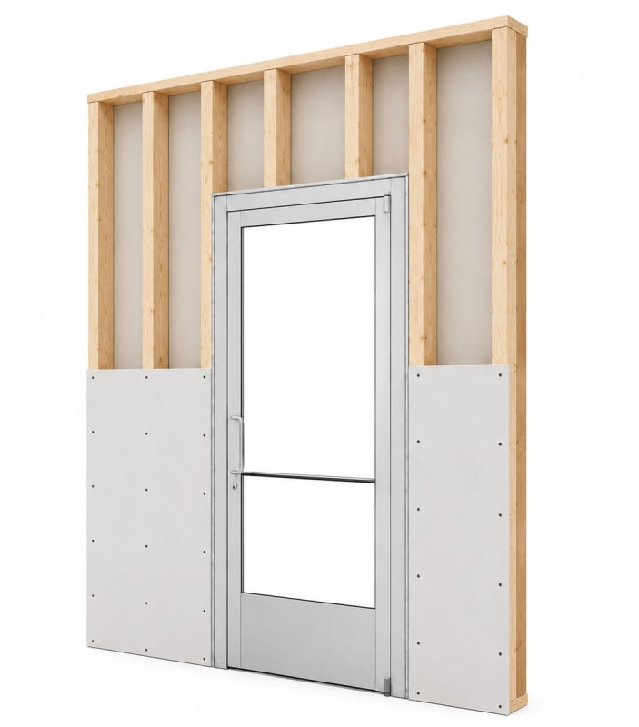 Commercial Aluminum Storefront Glass Door and Frame For Interior Wood Stud Wall With Drywall On Both Sides (Butt Installation), 48" x 96" Left Hand, 1/4" Tempered Glass Pre-Installed, Entrance Hardware Package, Clear Anodized
