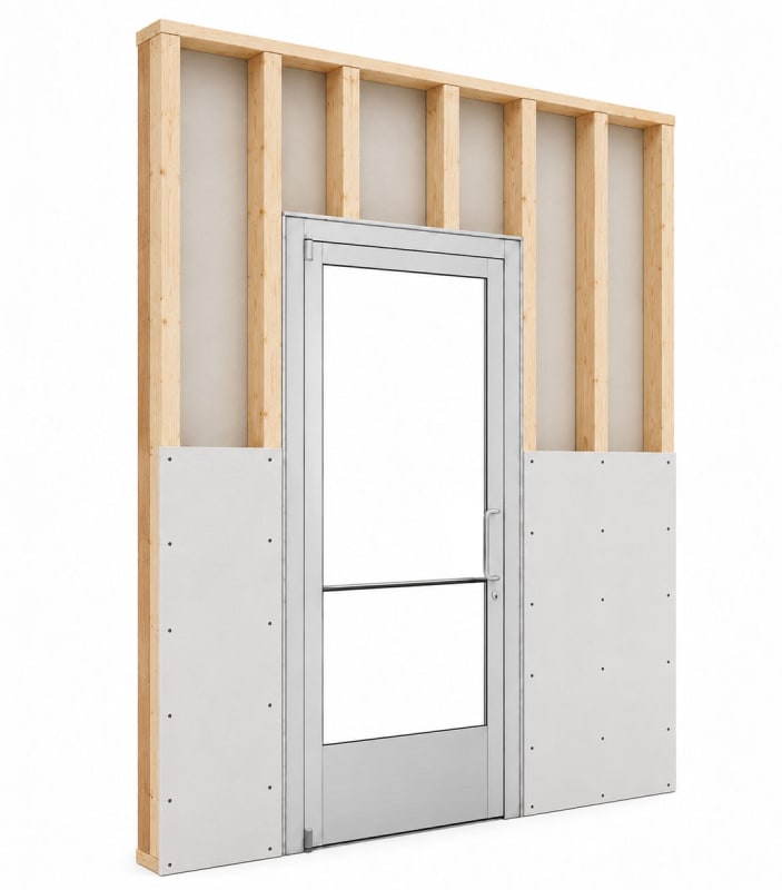Commercial Aluminum Storefront Glass Door and Frame For Interior Wood Stud Wall With Drywall On Both Sides (Butt Installation), 48" x 96" Right Hand, 1/4" Tempered Glass Pre-Installed, Entrance Hardware Package, Clear Anodized