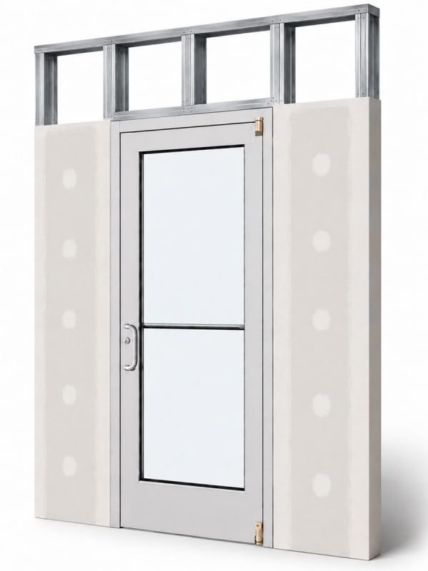 Medium Stile Commercial Aluminum Storefront Door and Frame, Moderate to Heavy Traffic, Interior Steel Stud Wall With Drywall On Each Side (Butt Installation), 36" x 80" Left Hand, 1/4" Tempered Glass, Clear Anodized
