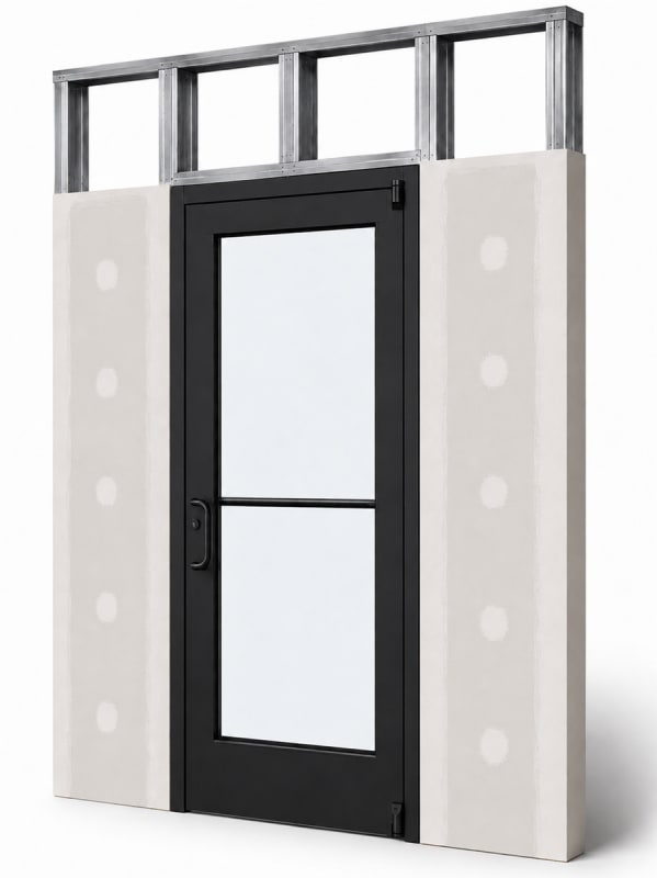 Medium Stile Commercial Aluminum Storefront Door and Frame, Moderate to Heavy Traffic, Interior Steel Stud Wall With Drywall On Each Side (Butt Installation), 42" x 96" Left Hand, 1/4" Tempered Glass, Dark Bronze Anodized