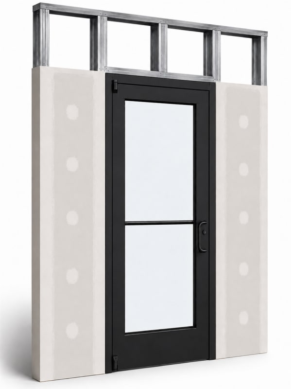Medium Stile Commercial Aluminum Storefront Door and Frame, Moderate to Heavy Traffic, Interior Steel Stud Wall With Drywall On Each Side (Butt Installation), 42" x 96" Right Hand, 1/4" Tempered Glass, Dark Bronze Anodized