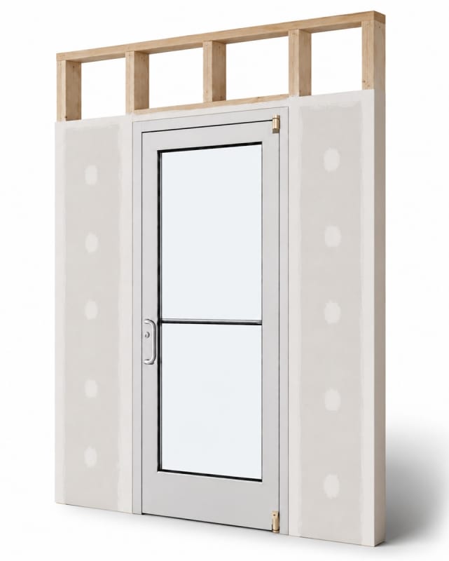 Medium Stile Commercial Aluminum Storefront Door and Frame, Moderate to Heavy Traffic, Interior Wood Stud Wall With Drywall On Each Side (Butt Installation), 36" x 96" Left Hand, 1/4" Tempered Glass, Clear Anodized