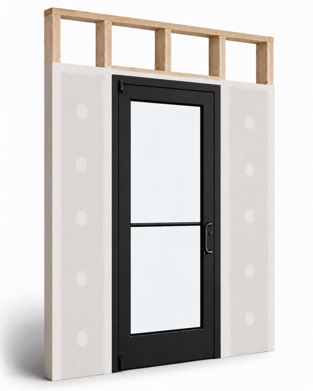 Medium Stile Commercial Aluminum Storefront Door and Frame, Moderate to Heavy Traffic, Interior Wood Stud Wall With Drywall On Each Side (Butt Installation), 42" x 84" Right Hand, 1/4" Tempered Glass, Dark Bronze Anodized