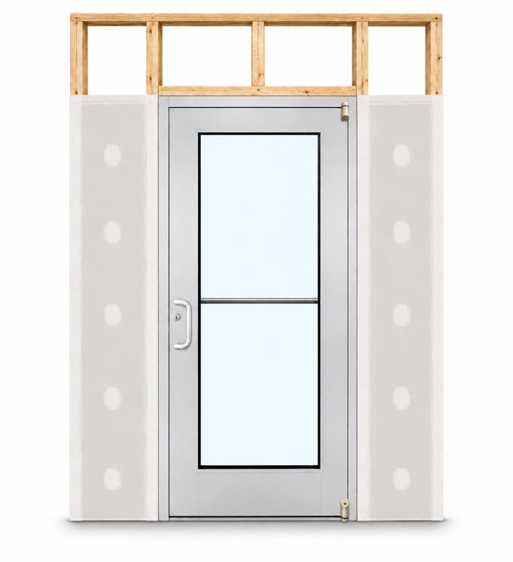 Wide Stile Commercial Aluminum Storefront Door and Frame, High Traffic & Abuse, Interior Wood Stud Wall, 48" x 96" Left Hand, 1/4" Tempered Clear Glass, Clear Anodized