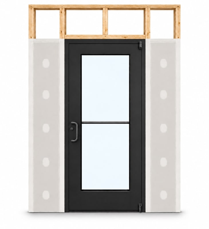 Wide Stile Commercial Aluminum Storefront Door and Frame, High Traffic & Abuse, Interior Wood Stud Wall, 48" x 96" Left Hand, 1/4" Tempered Clear Glass, Dark Bronze Anodized