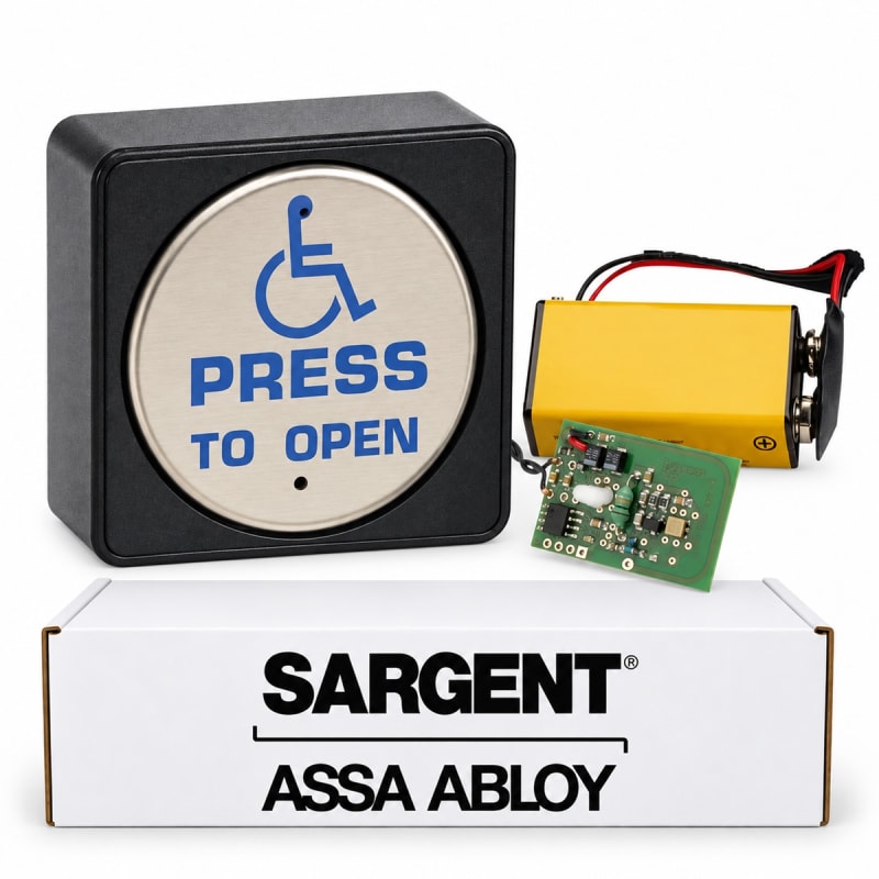 SARGENT 4395HPRF 6" Round Wall Switch With Handicap Logo & "Press To Open" and 433MHz Transmitter