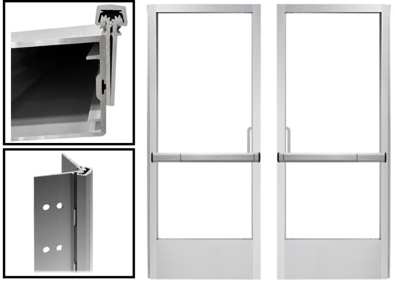 Alum-Lite Commercial Storefront Double Door Replacement With Adams Rite Concealed Vertical Rod Panic Bar and Concealed Continuous Hinge, 1/4 in. Glass Stops, For 72 in. x 96 in. (6080) Inside Frame Opening, Clear Anodized Finish, Glass Not Included