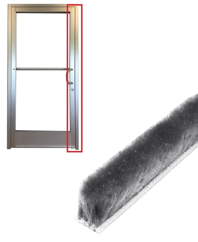 17/64 in. Backing Width, 11/32 in. Height Gray Brush Pile Weather Stripping, 84 in. Length For Commercial Storefront Glass Door 17/64 in. Backing Width, 11/32 in. Height Gray Brush Pile Weather Stripping, 84 in. Length For Commercial Storefront Glass Door