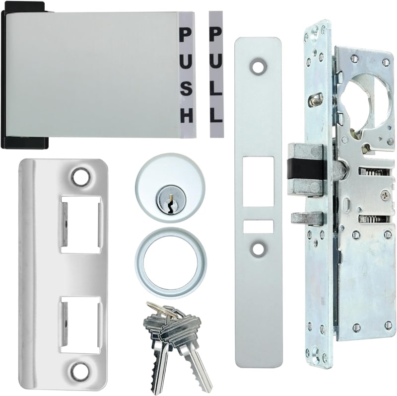 Trulite Right Hand Commercial Door Deadlatch Lock Kit, 31/32 in. Backset, Includes Outside Mortise Key Cylinder and Inside Push To Exit Paddle Handle, Aluminum Finish