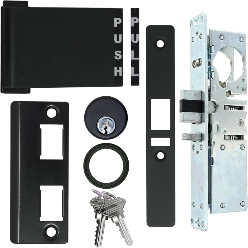 Trulite Right Hand Commercial Door Deadlatch Lock Kit, 31/32 in. Backset, Includes Outside Mortise Key Cylinder and Inside Push To Exit Paddle Handle, Dark Bronze Finish