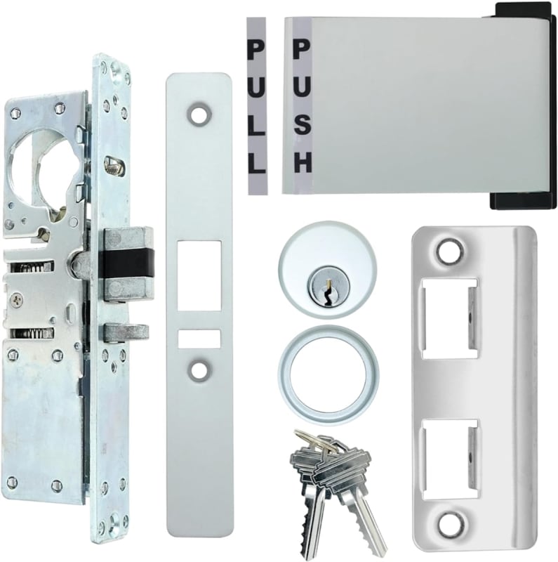 Vistawall Left Hand Commercial Door Deadlatch Lock Kit, 1-1/8 in. Backset, Includes Outside Mortise Key Cylinder and Inside Push To Exit Paddle Handle, Aluminum Finish