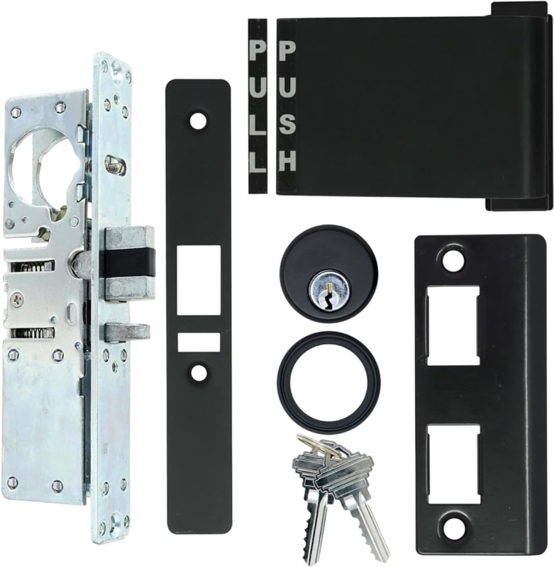 Vistawall Left Hand Commercial Door Deadlatch Lock Kit, 1-1/8 in. Backset, Includes Outside Mortise Key Cylinder and Inside Push To Exit Paddle Handle, Dark Bronze Finish
