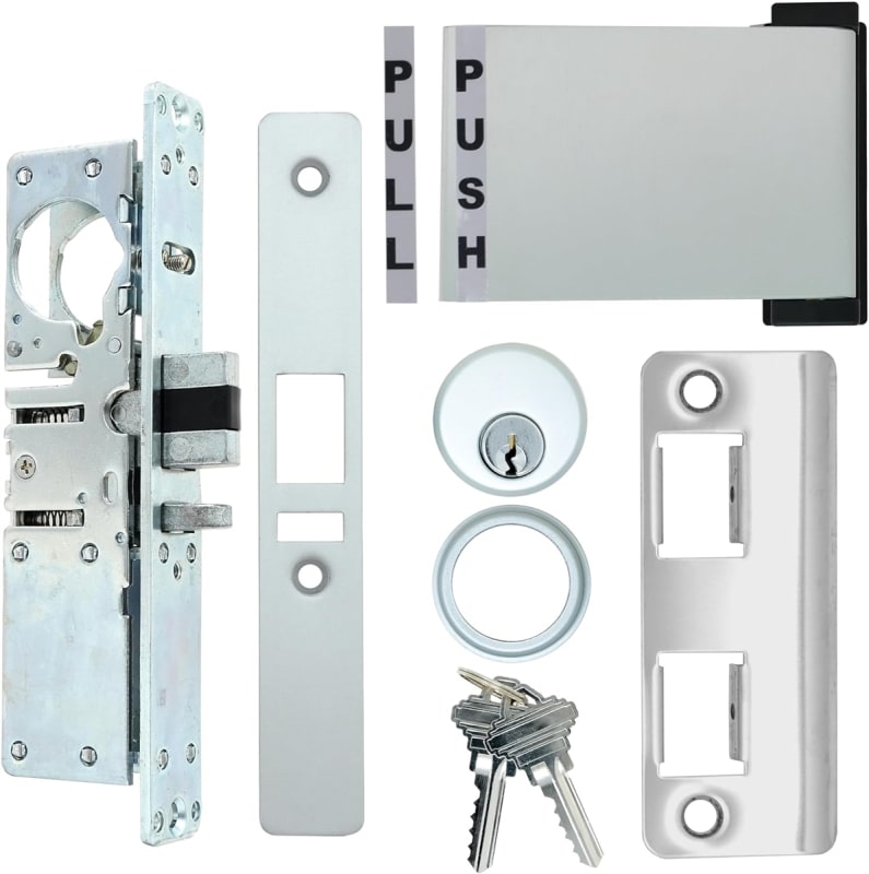 Vistawall Left Hand Commercial Door Deadlatch Lock Kit, 31/32 in. Backset, Includes Outside Mortise Key Cylinder and Inside Push To Exit Paddle Handle, Aluminum Finish