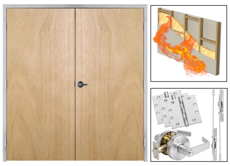 90 Minute Fire Rated Interior Commercial Wood Double Door and Frame, 72 in. x 84 in. Right Hand Reverse Active, Solid Core Unfinished Birch Veneer (Stain Ready), Includes Lever and Hardware