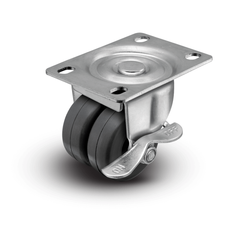2 inch Low Profile Swivel Plate Caster with Brake Soft Rubber Dual Wheel 180 lbs Capacity