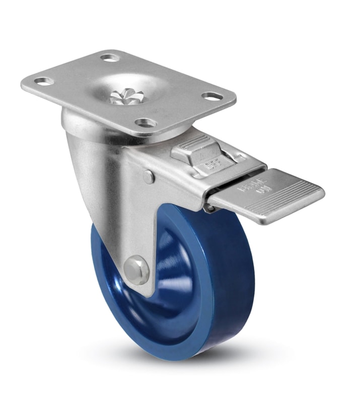 4" Total Locking Plate Caster | Blue Solid Polyurethane Wheel | 350 lbs Capacity