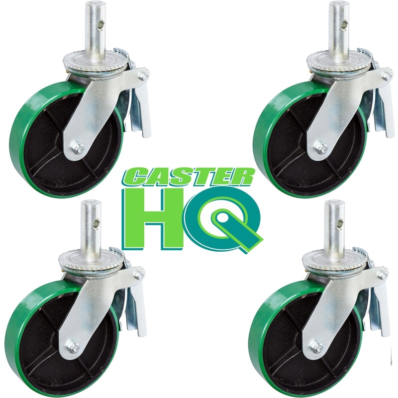 8" x 2" Scaffolding Caster Set with Total Lock Brake Green Poly on Steel Wheel