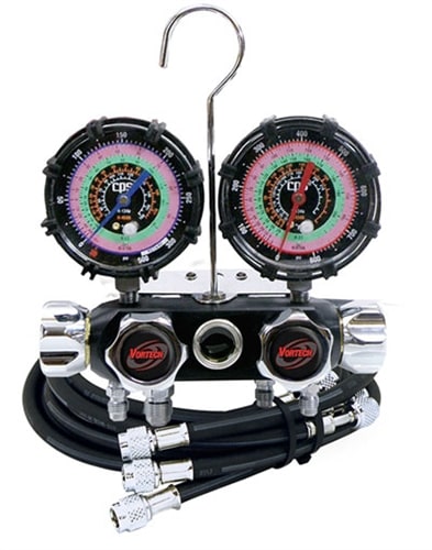 MV4H4P5Z CPS BlackMax Black - Chrome R-134a 22 404A 410A 4 Valve Anodized Aluminum Sight Glass Manifold Gauge Set With 5 ft. Premium Hoses