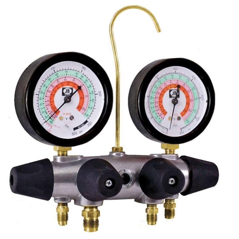 25233B JB Industries 4 Valve Aluminum Manifold R-22/R404A/R410A 3-1/8" Illuminating Gauges with Boots and 60" CCLE Hose Set 25233B JB Industries 4 Valve Aluminum Manifold R-22/R404A/R410A 3-1/8" Illuminating Gauges with Boots and 60" CCLE Hose Set