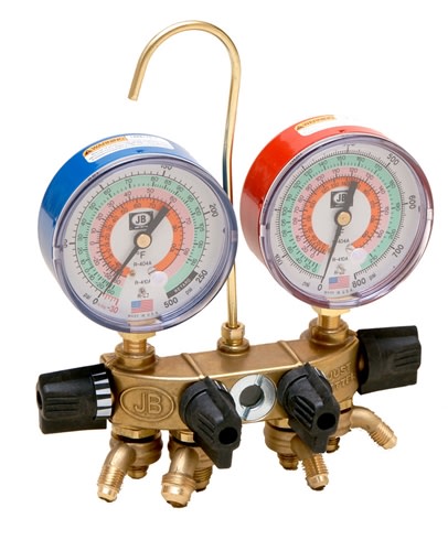 26044 JB Industries 4 Valve Brass Ball Valve Manifold R-12/R-22/R-502 3-1/8" Illuminating Gauges and 60" CCLS Hose Set